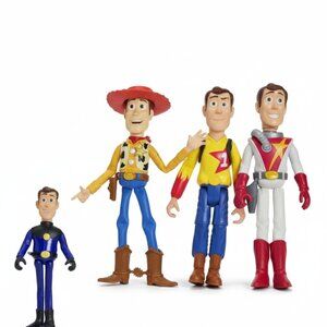 several Disney and Pixar Toy Story Woody action figures, including the standard